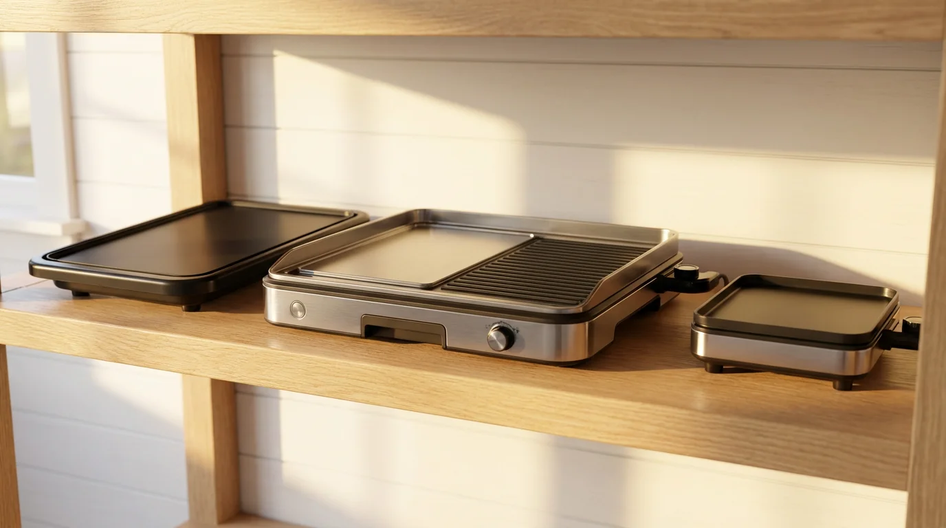 A low angle photograph of three different types of electric griddles on a shelf.