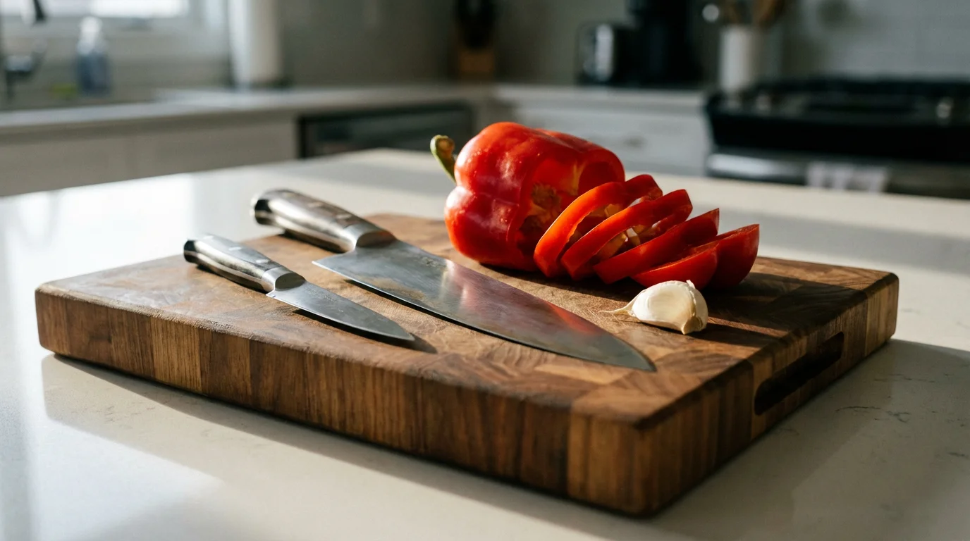 A low angle photorealistic shot of a chef's knife on a wooden cutting board.