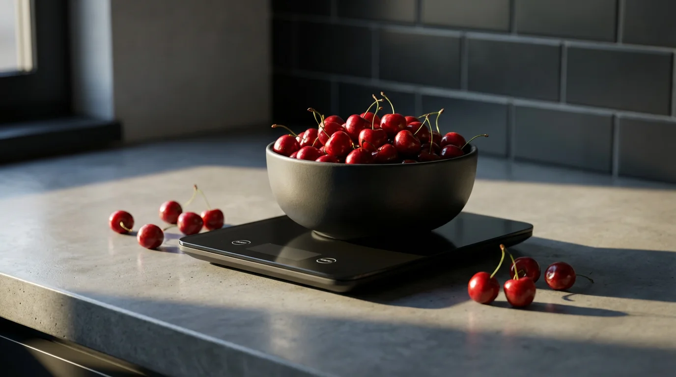 A low angle photorealistic shot of a digital kitchen scale weighing fresh cherries.