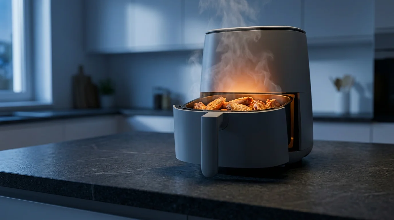 A low angle shot of a basket air fryer with cooked chicken wings inside.