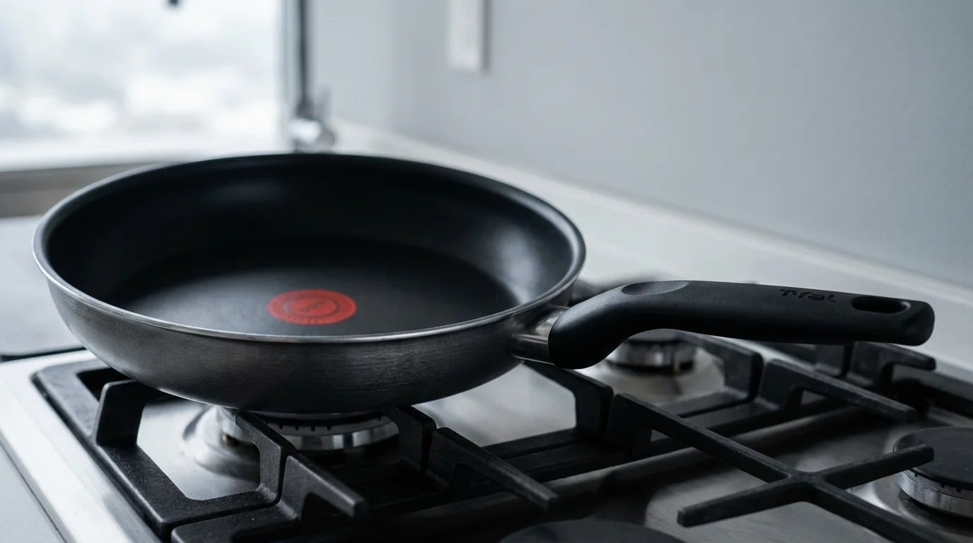 A low angle shot of a black T-fal nonstick frying pan on a stovetop.