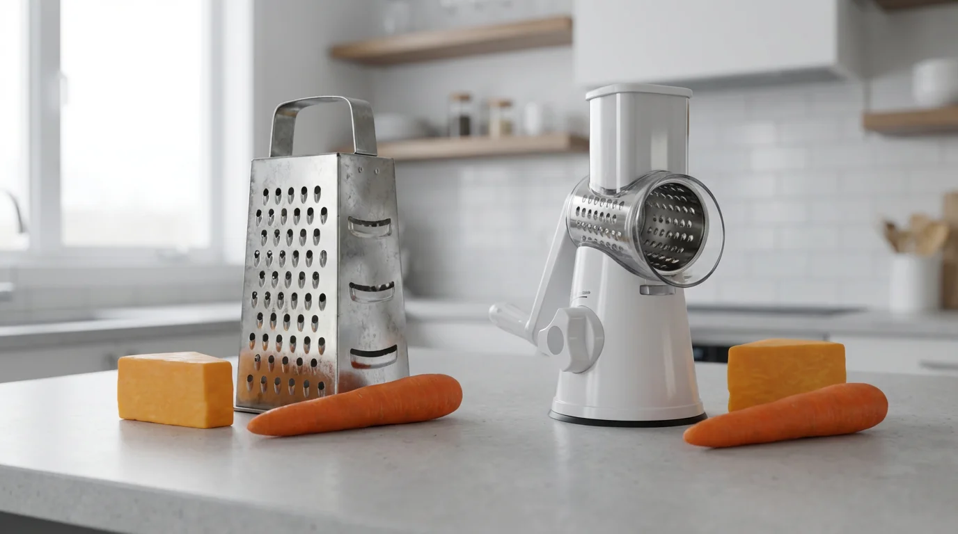 A low angle shot of a box grater and a rotary grater side-by-side on a kitchen counter.