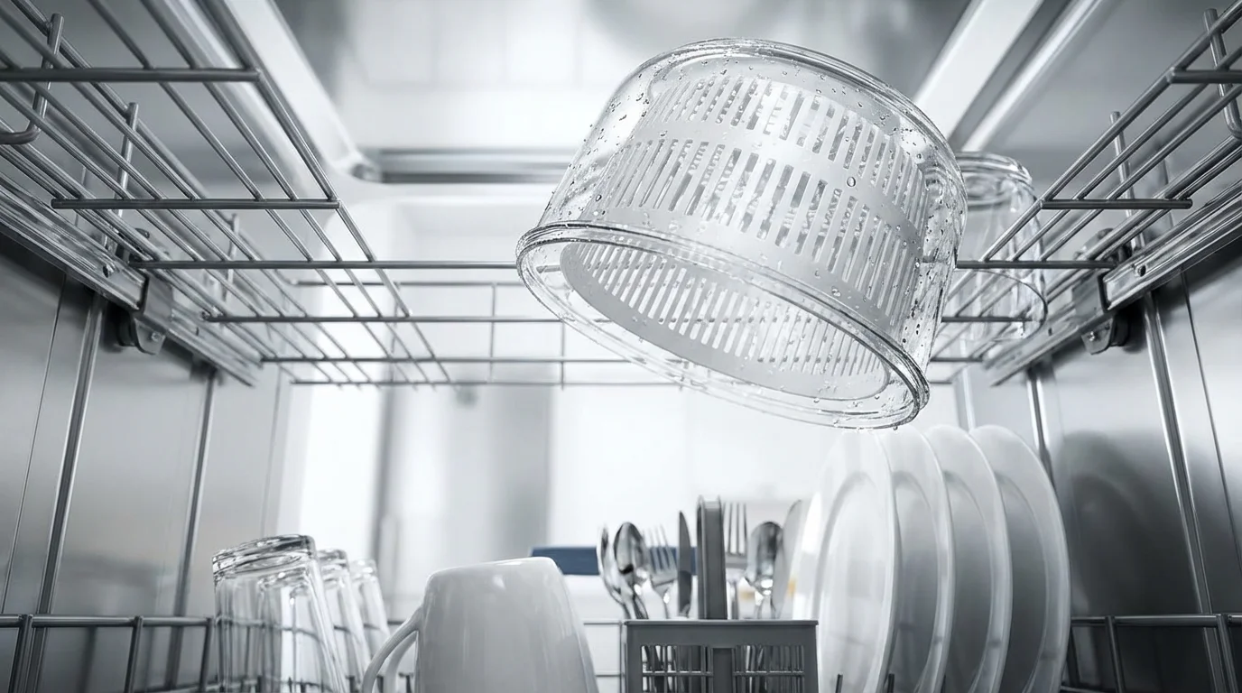 A low angle shot of a clean salad spinner bowl and basket inside a dishwasher rack after a wash cycle.