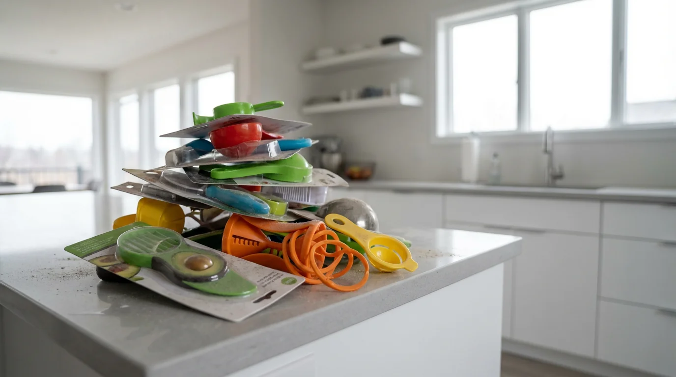 A low angle shot of a cluttered pile of cheap kitchen gadgets representing mistakes.