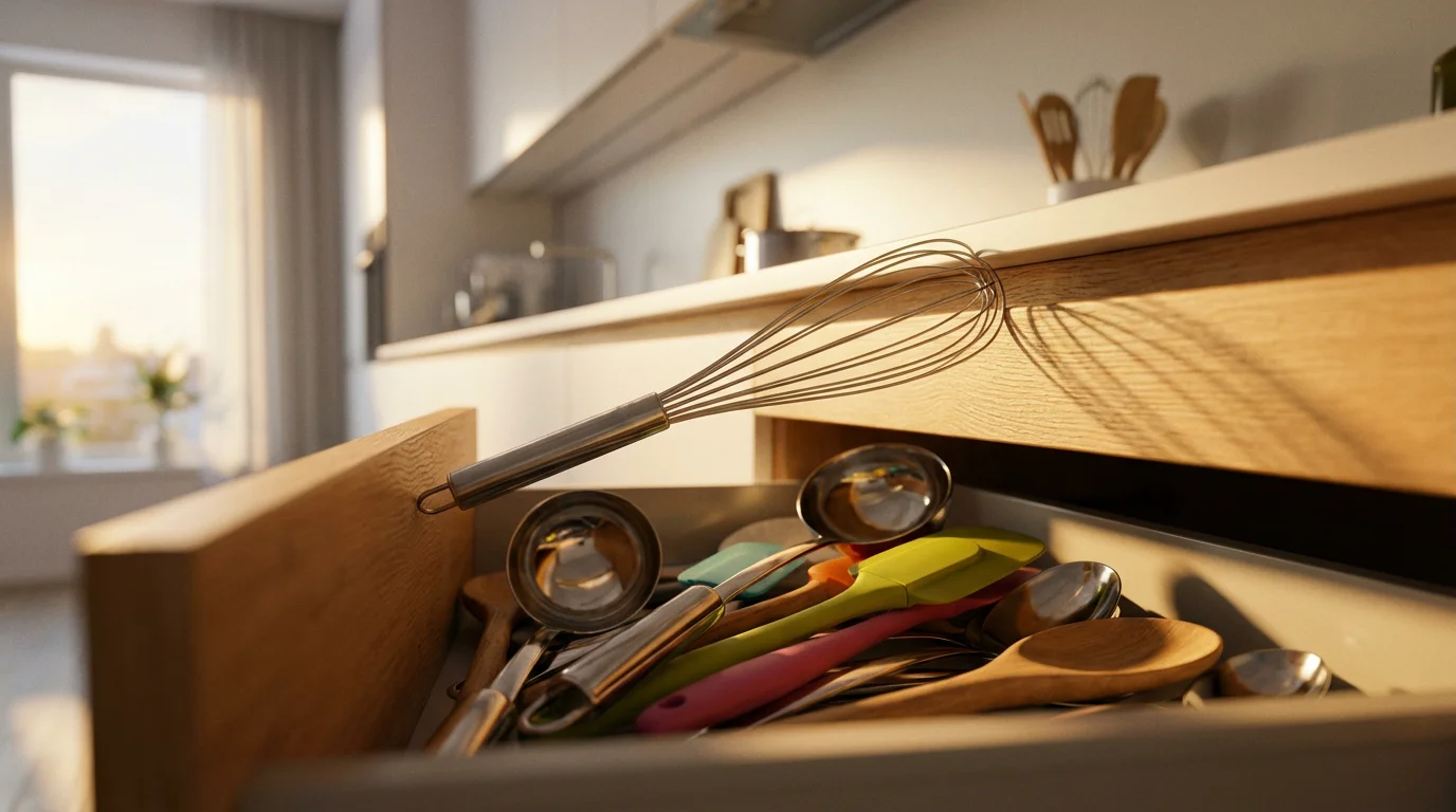 A low angle shot of a messy, overflowing kitchen utensil drawer jammed open.