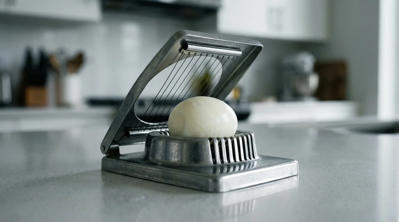 A low angle shot of a metal egg slicer with a hard-boiled egg.
