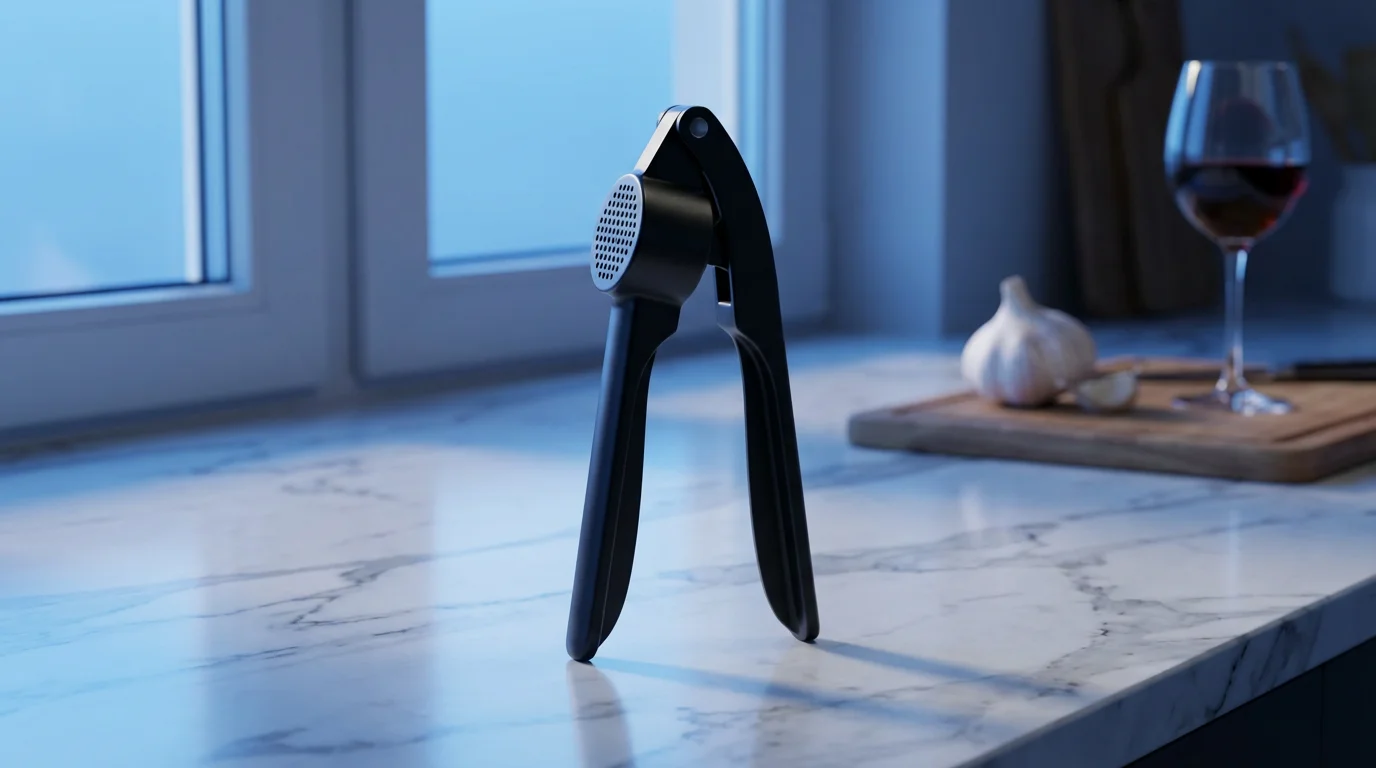 A low-angle shot of a modern black garlic press on a marble kitchen counter.