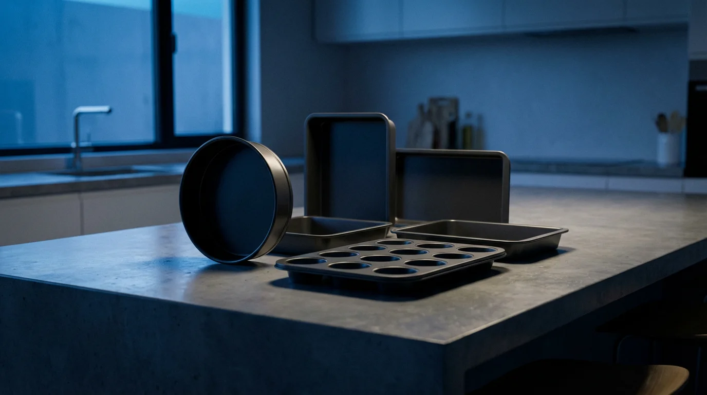A low angle shot of a modern, dark non-stick cake pan set at dusk.