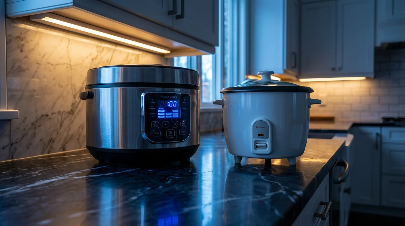 A low angle shot of a modern fuzzy logic rice cooker and a basic model.