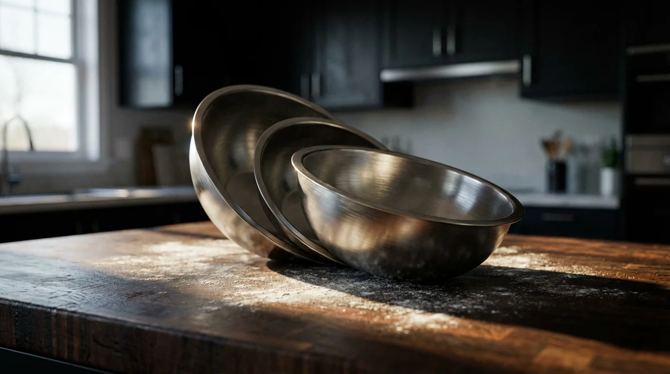 A low angle shot of a nested set of stainless steel mixing bowls on a countertop.