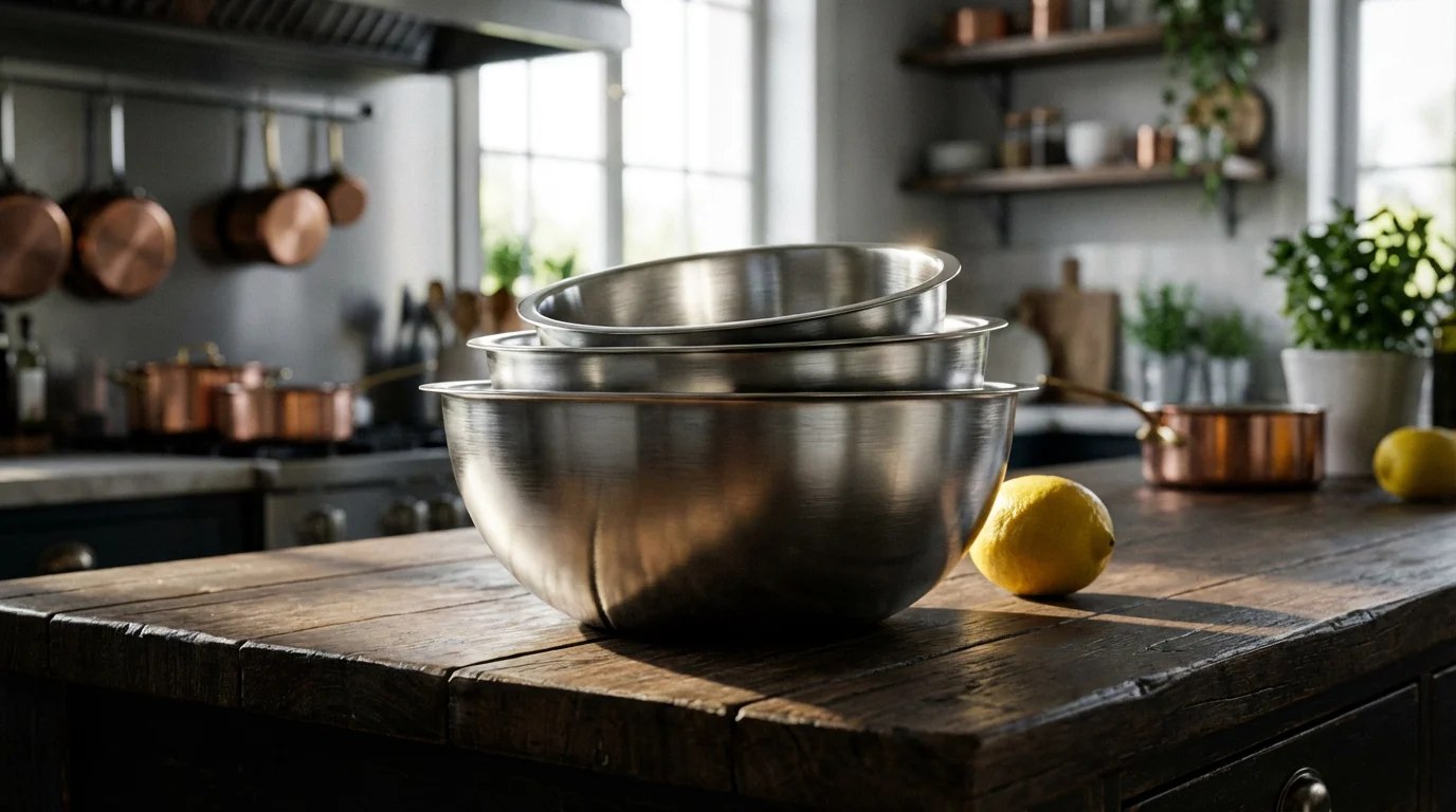 A low angle shot of a nested stack of stainless steel mixing bowls.