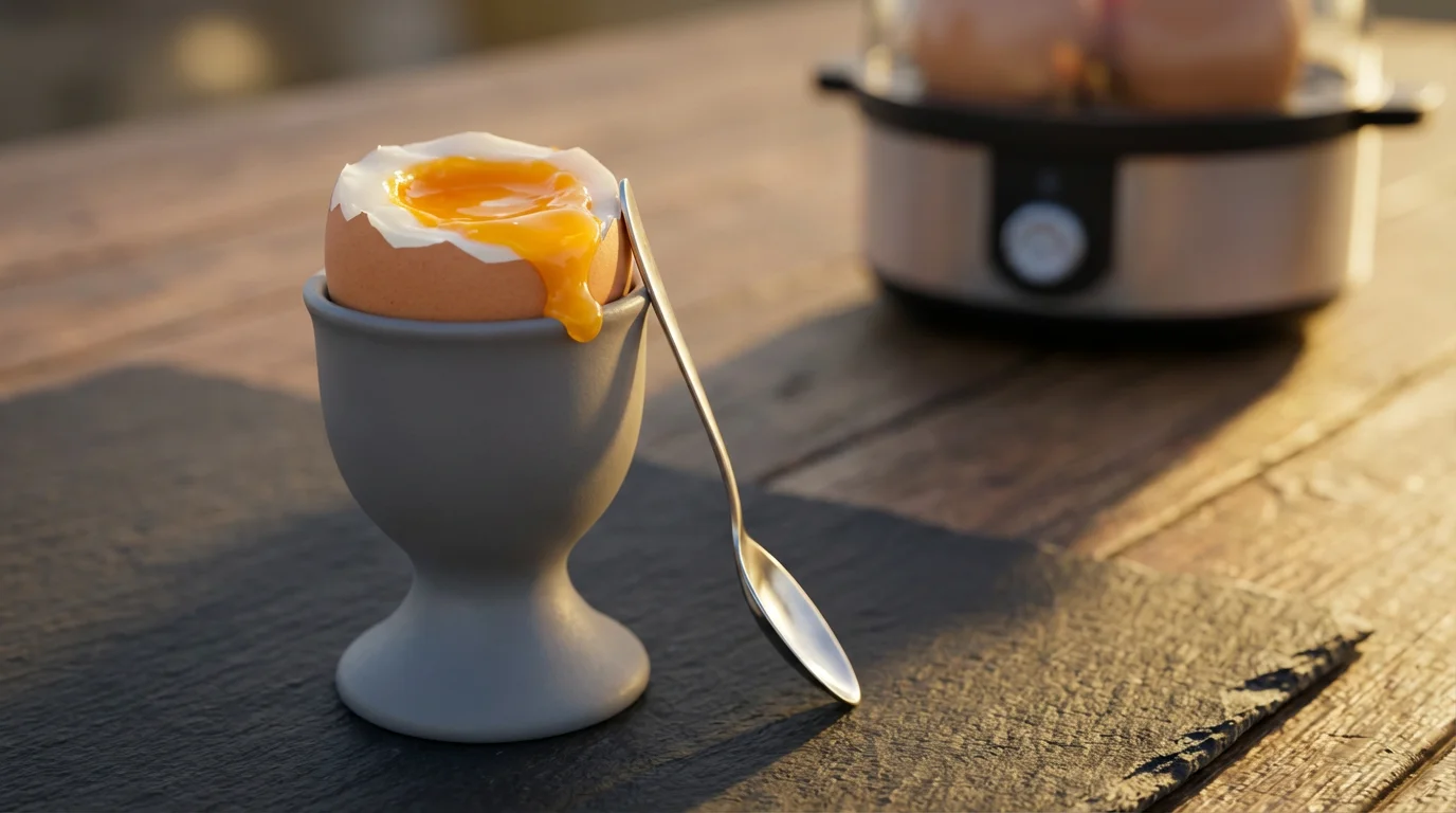 A low angle shot of a perfect soft-boiled egg with a runny yolk.