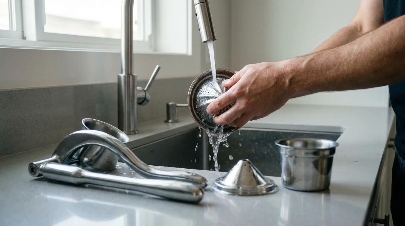 A low angle shot of a person cleaning a durable stainless steel manual juicer.
