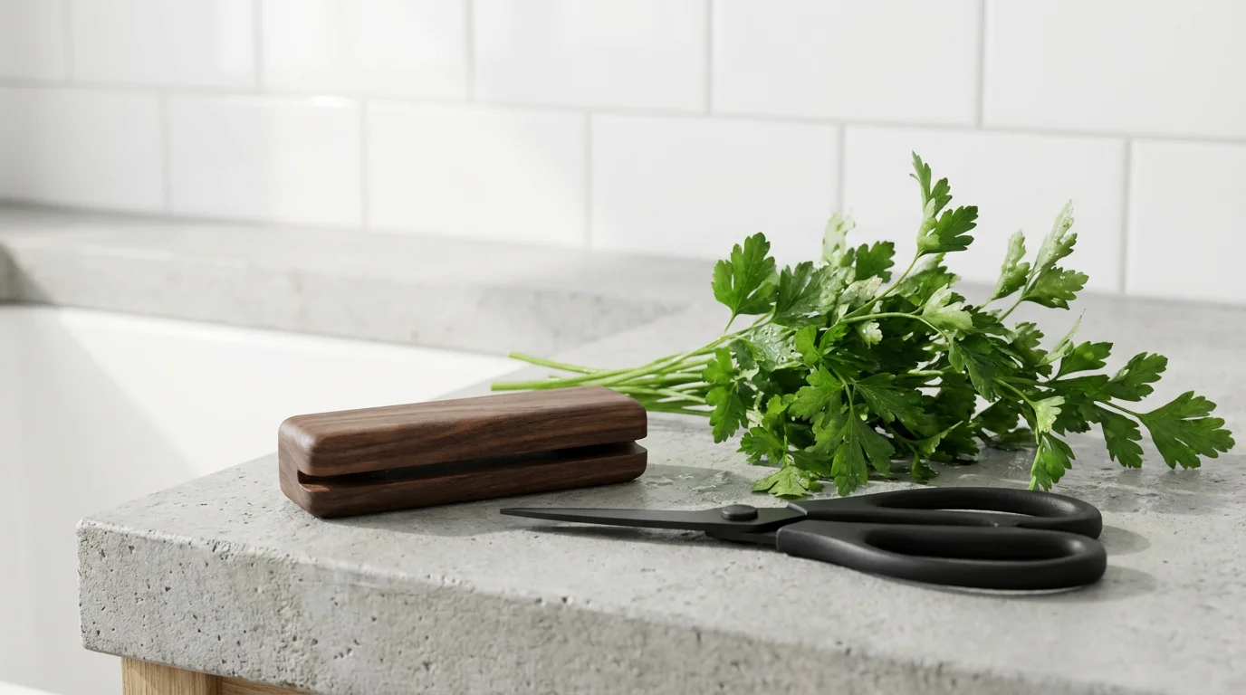 A low-angle shot of a stylish wooden herb stripper and herb scissors gift set.
