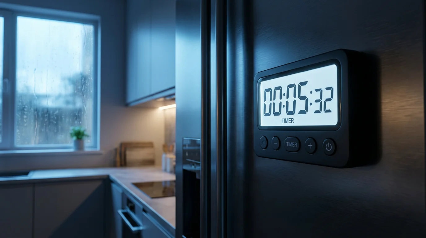 A low angle shot of an illuminated digital kitchen timer on a refrigerator.