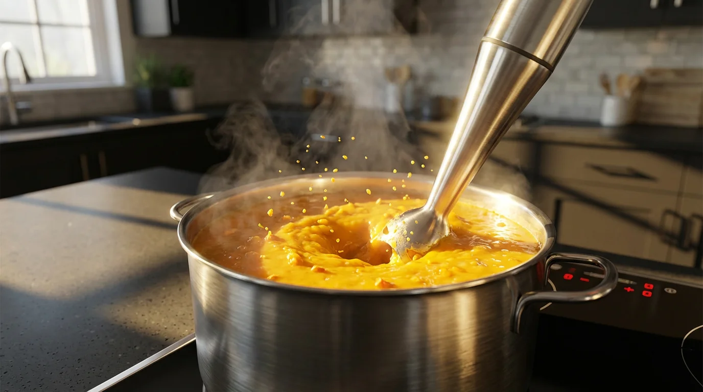 A low angle shot of an immersion blender pureeing vibrant orange soup in a pot.