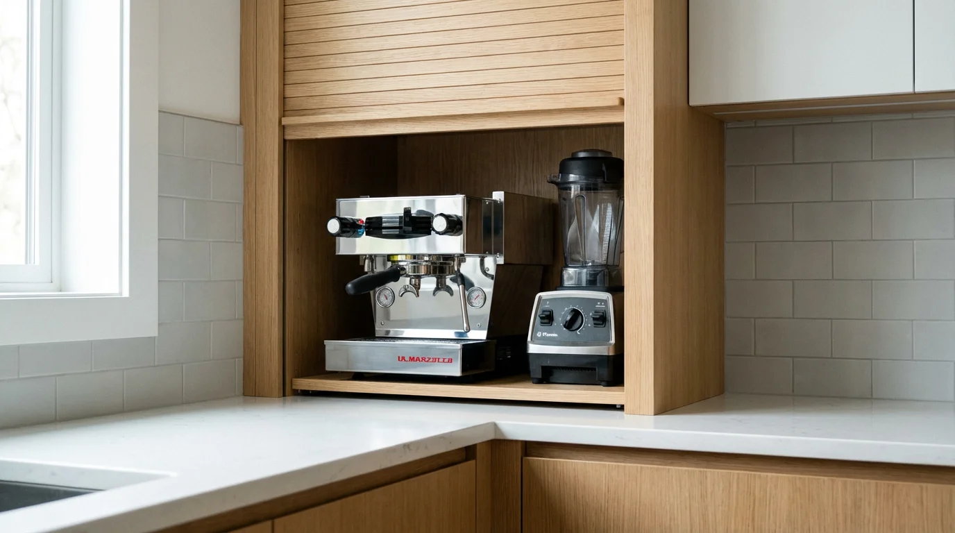A low-angle shot of an open appliance garage cabinet revealing a hidden coffee maker.
