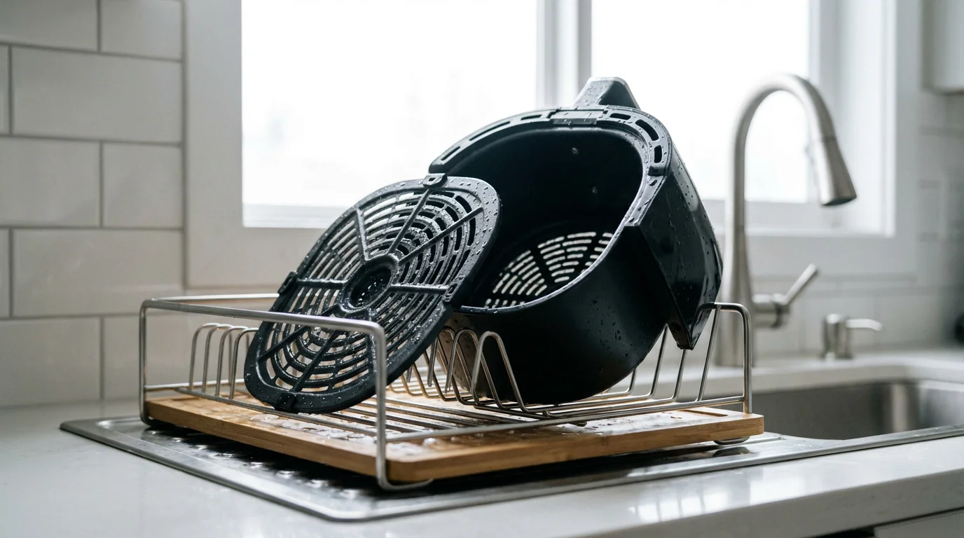 A low angle shot of clean, disassembled air fryer parts drying on a rack.