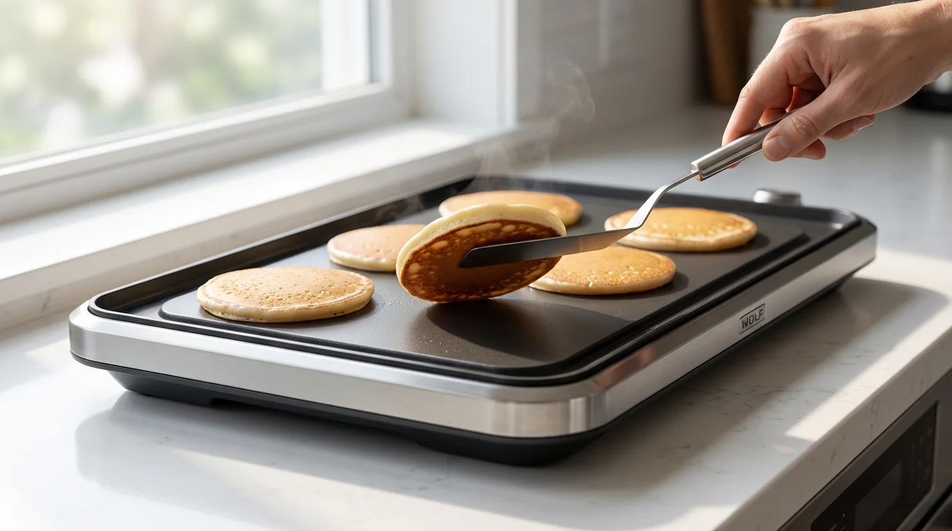 A low angle shot of golden-brown pancakes cooking perfectly on a modern electric griddle.
