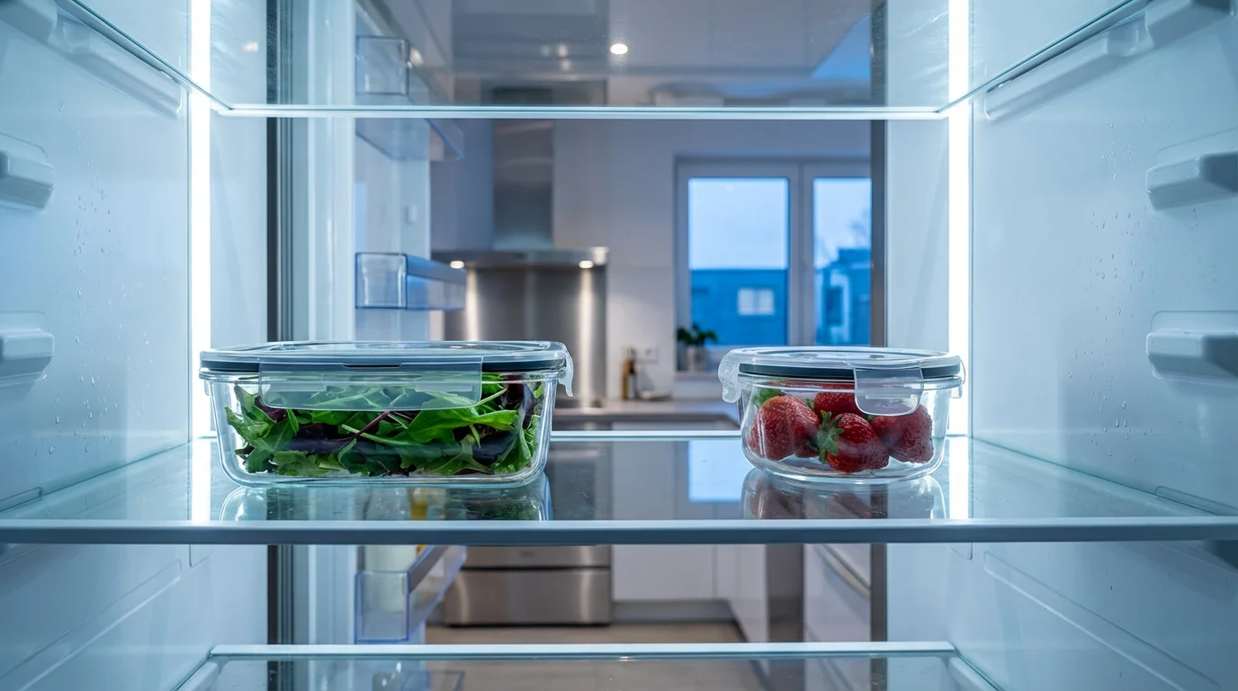 A low angle shot of high-quality glass and plastic food containers inside a refrigerator.