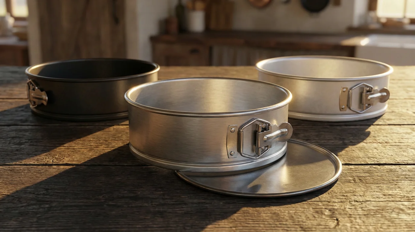 A low angle shot of three different high-quality springform pans during golden hour.