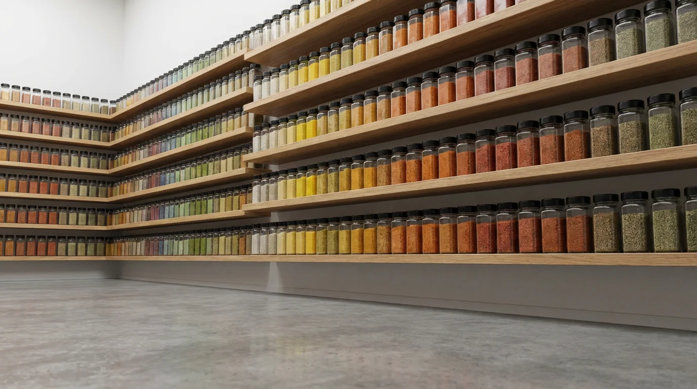 A low angle view of a large walk-in pantry with shelves full of spice jars.