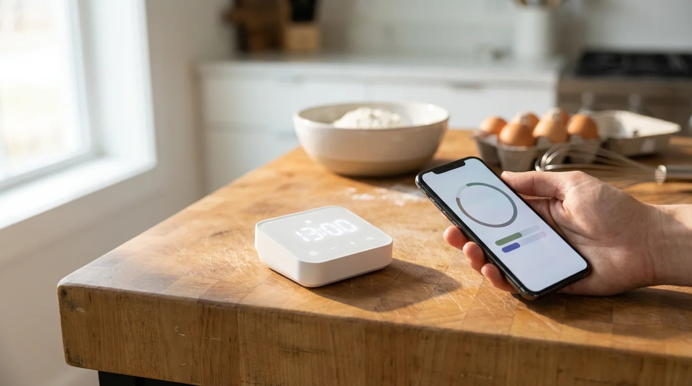 A low angle view of a smart kitchen timer and a smartphone app on a wooden kitchen counter.