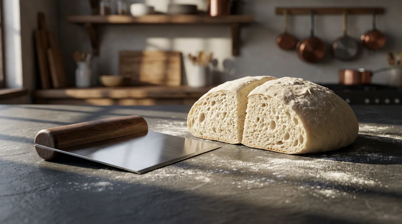 A low angle view of a stainless steel bench scraper dividing bread dough.