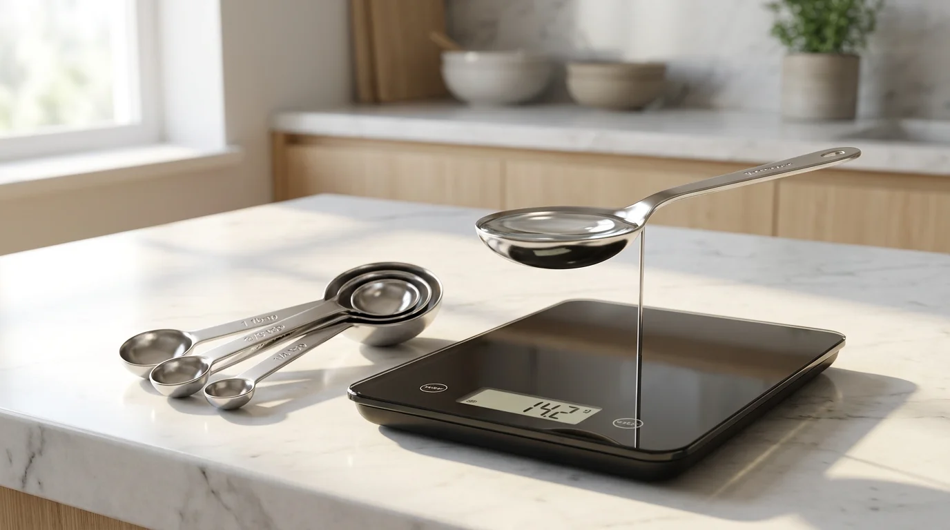 A low angle view of a stainless steel measuring spoon with water beside a digital scale for calibration.