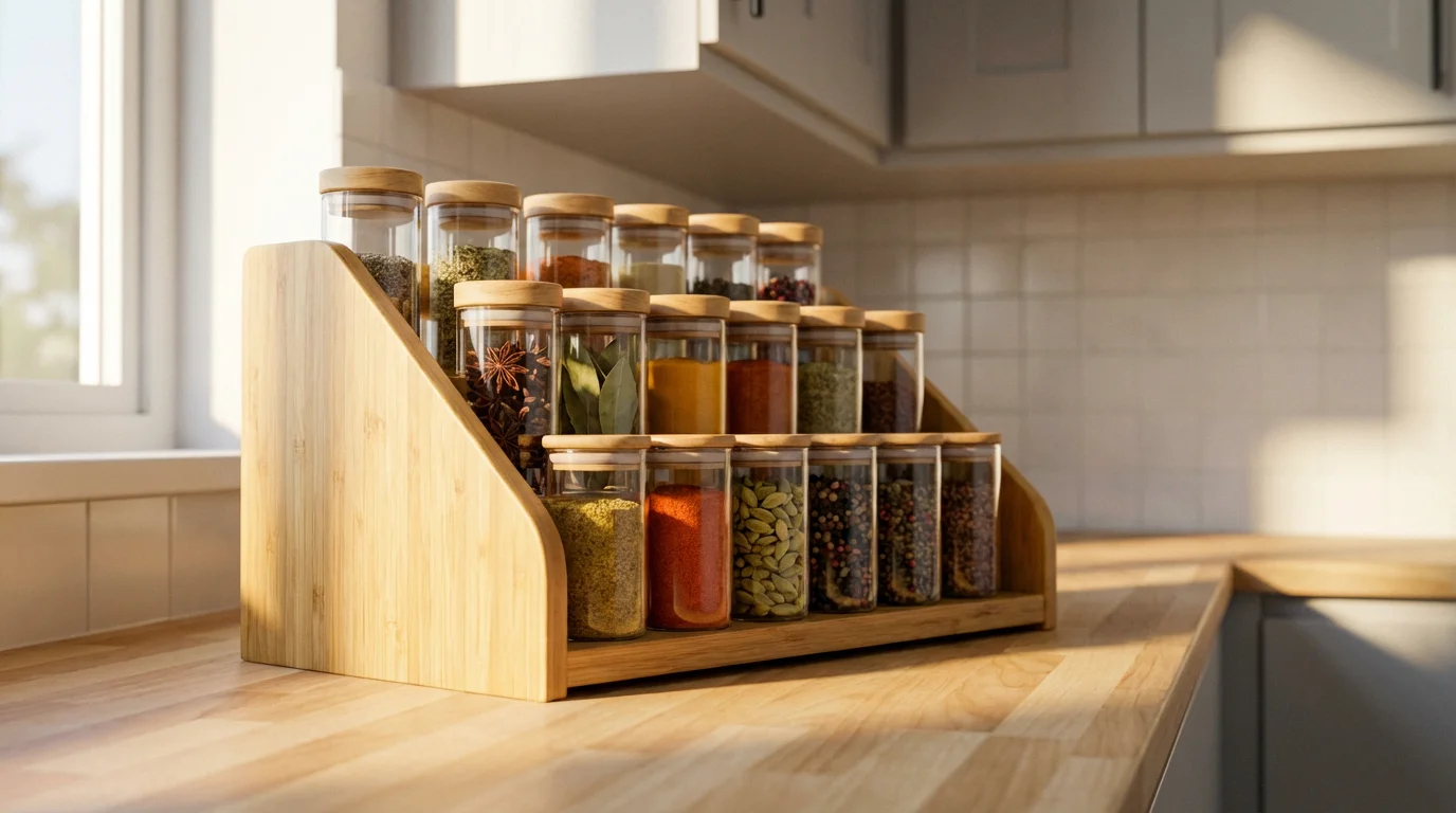 A low angle view of a tiered wooden spice rack on a kitchen countertop.