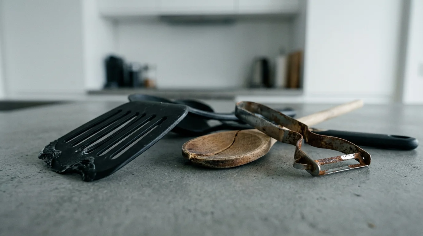A low angle view of broken and cheap kitchen tools on a modern countertop.