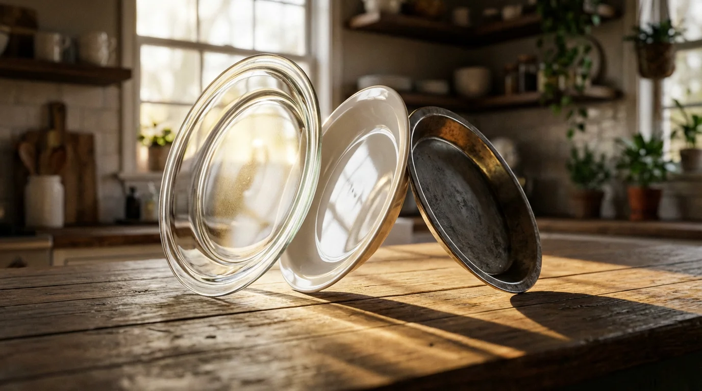 A low angle view of glass, ceramic, and metal pie plates on a counter.