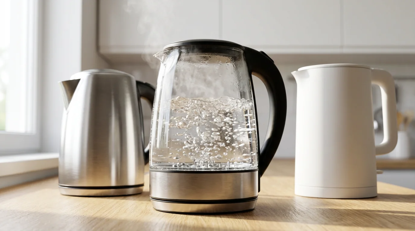 A low angle view of glass, stainless steel, and plastic electric kettles on a countertop.