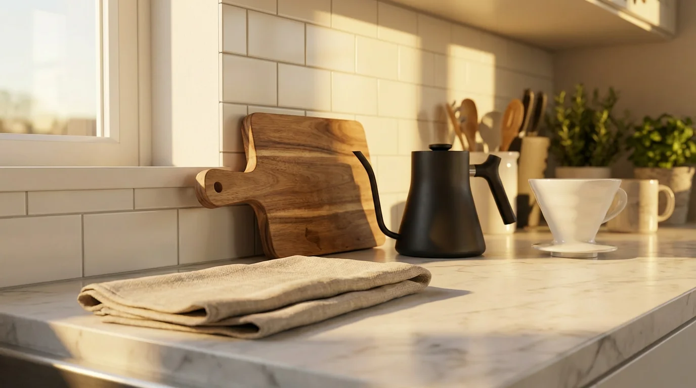 A low angle view of kitchen gifts like a kettle and cutting board in golden light.