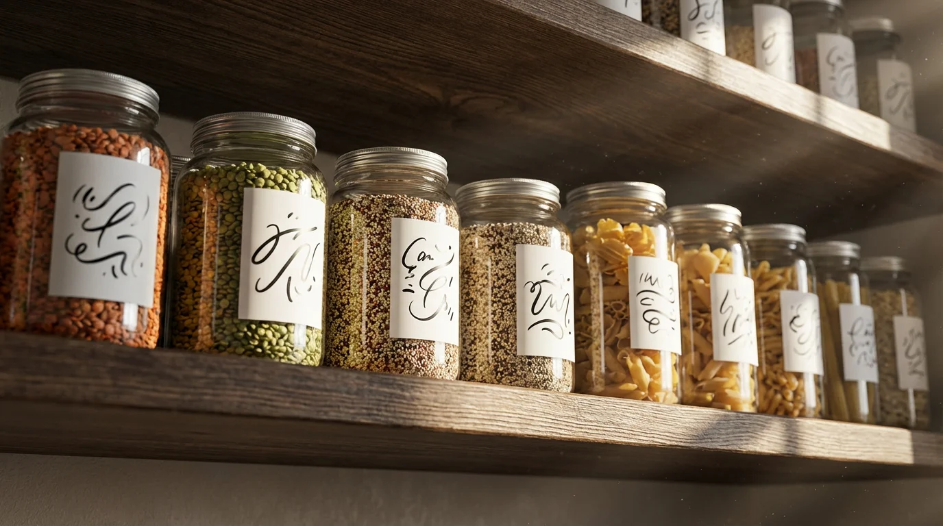 A low angle view of neatly organized and labeled glass pantry jars on a shelf.