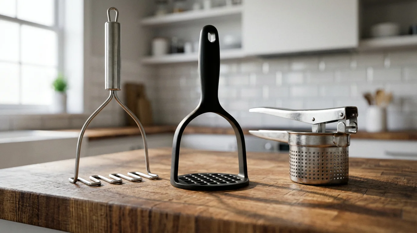 A low angle view of three different types of potato mashers on a countertop.