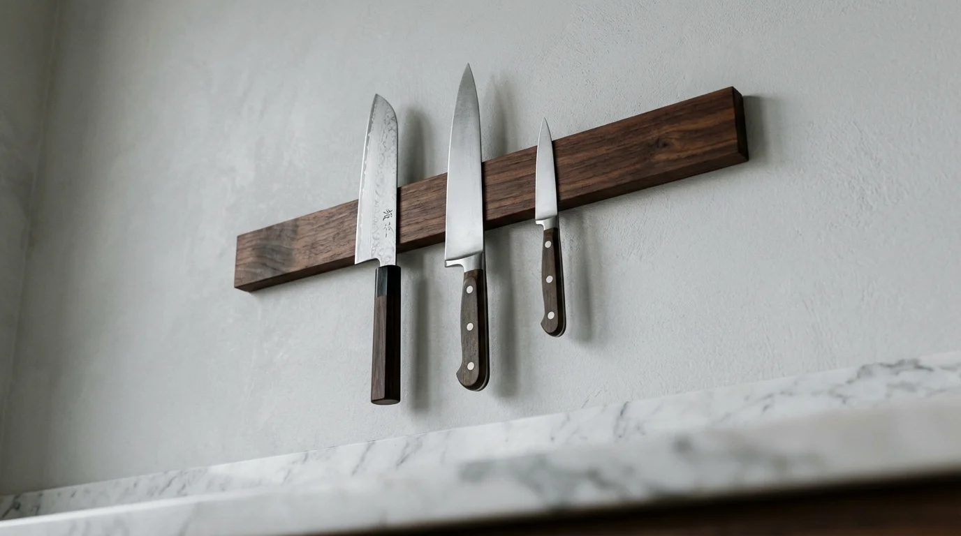A low angle view of various kitchen knives on a wall-mounted wooden magnetic strip.