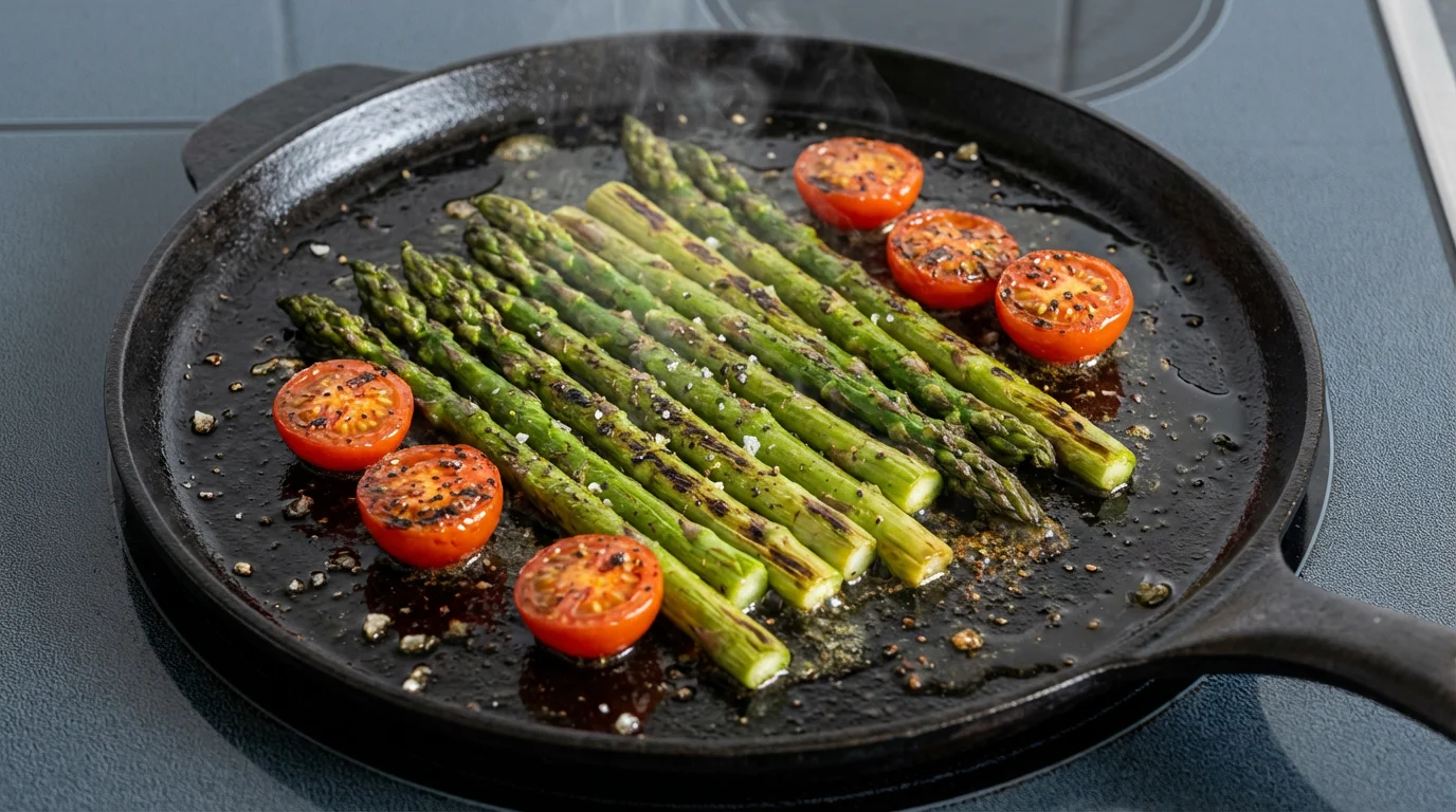 A macro close-up of asparagus and tomatoes searing on a cast-iron stovetop griddle.