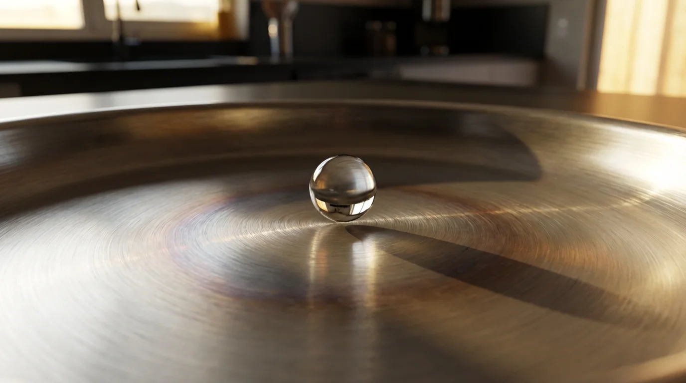 A macro photo of a water droplet beading up on a hot stainless steel pan.