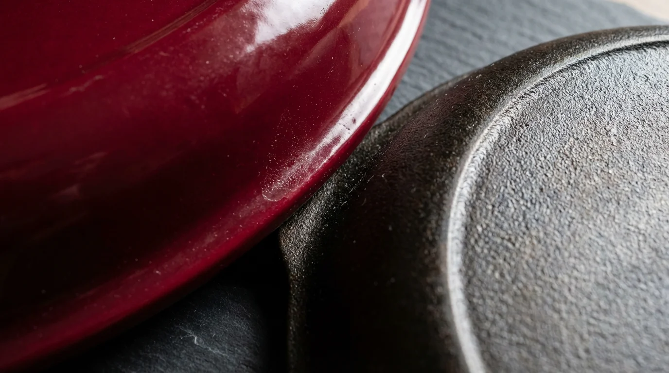 A macro photograph comparing the textured surfaces of a red enameled and bare cast iron pot.