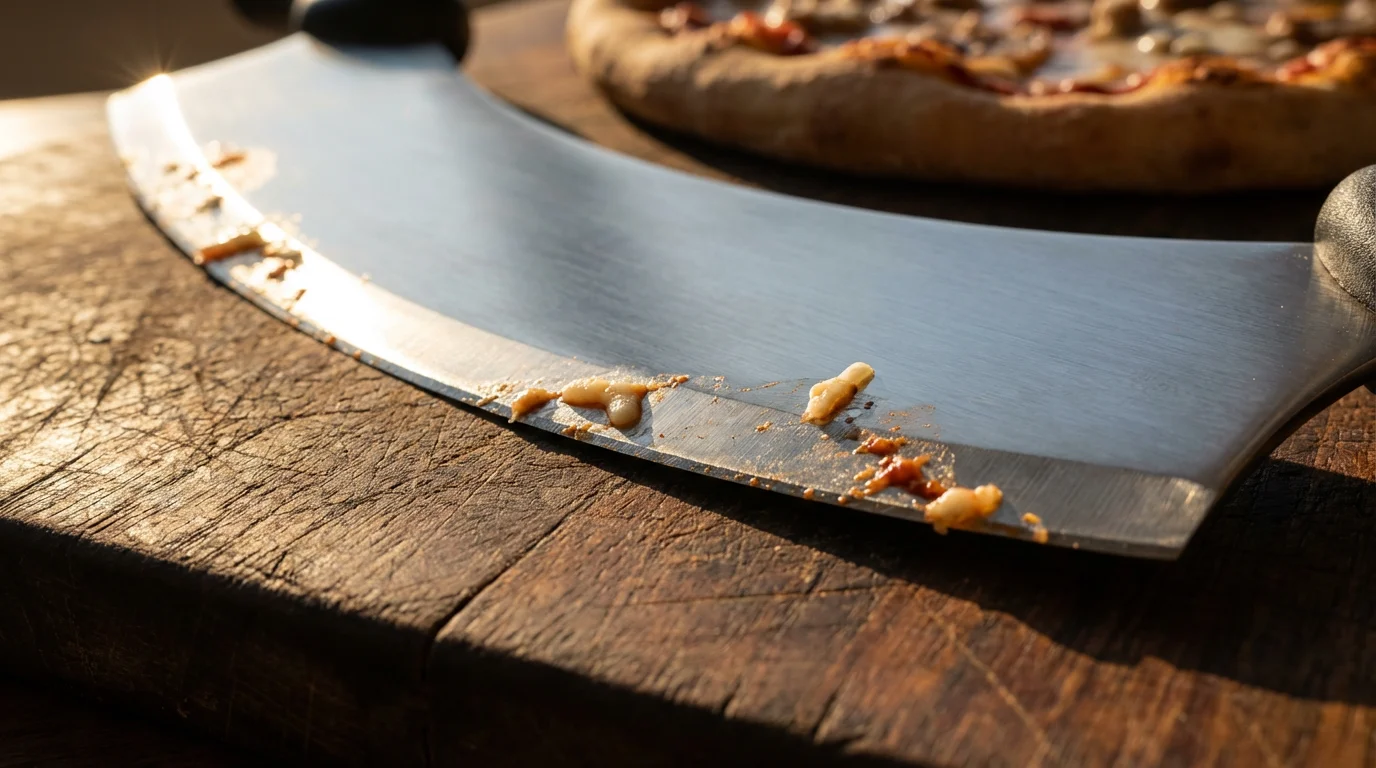 A macro photograph of a mezzaluna rocker pizza cutter blade resting on a board.