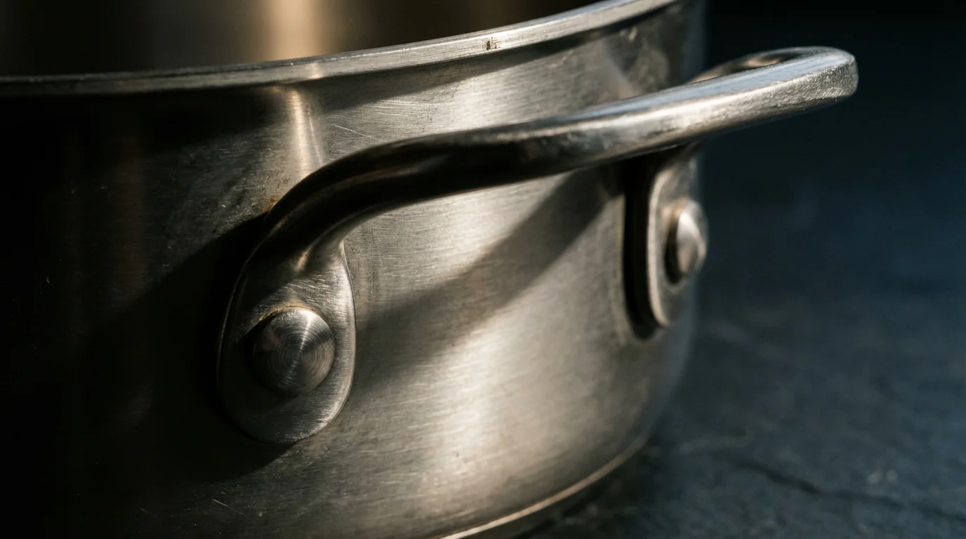A macro photograph of a riveted handle on a stainless steel stockpot, creating long shadows.