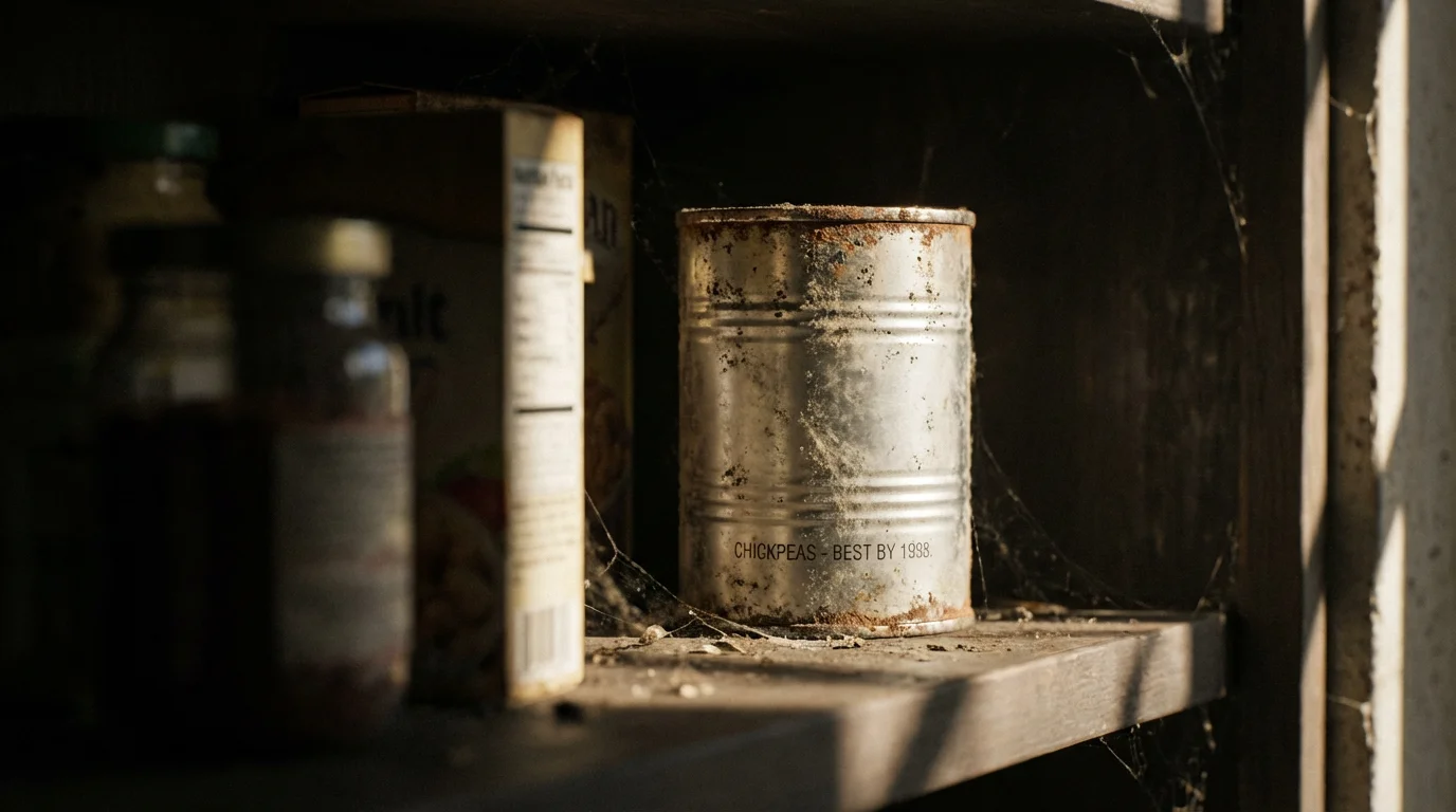 A macro photograph of a single dusty can at the back of a shelf.