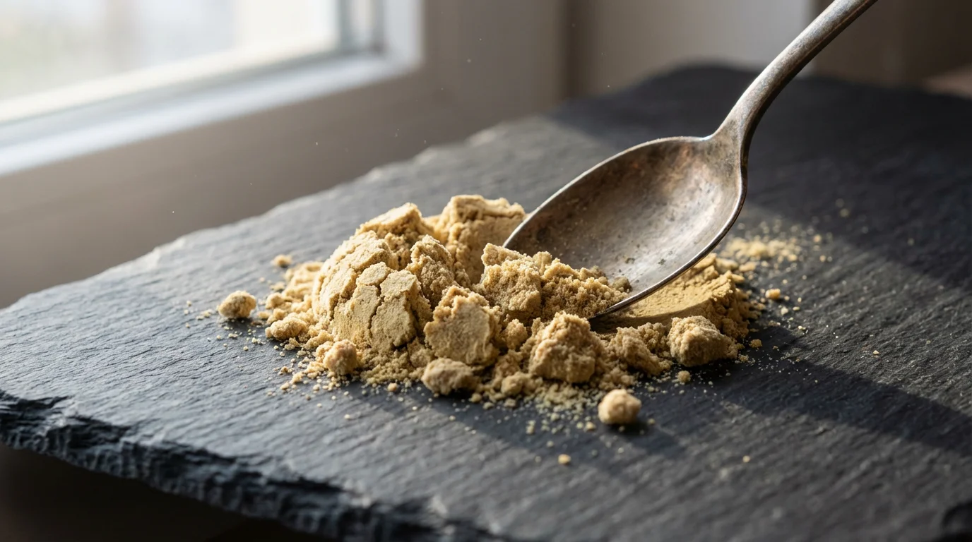 A macro photograph of a spoon breaking apart a clump of old, faded spice.