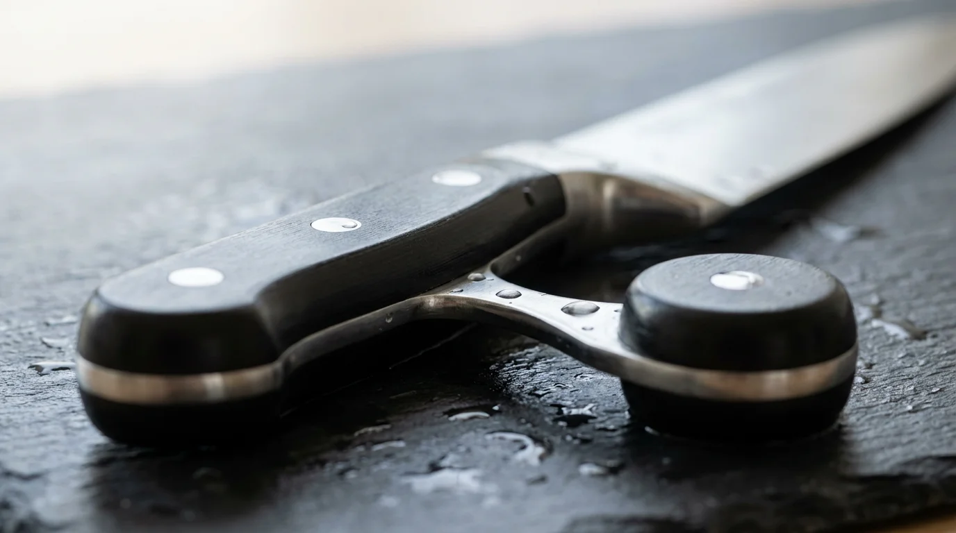 A macro photograph of the handle and bolster of a professional chef's knife.