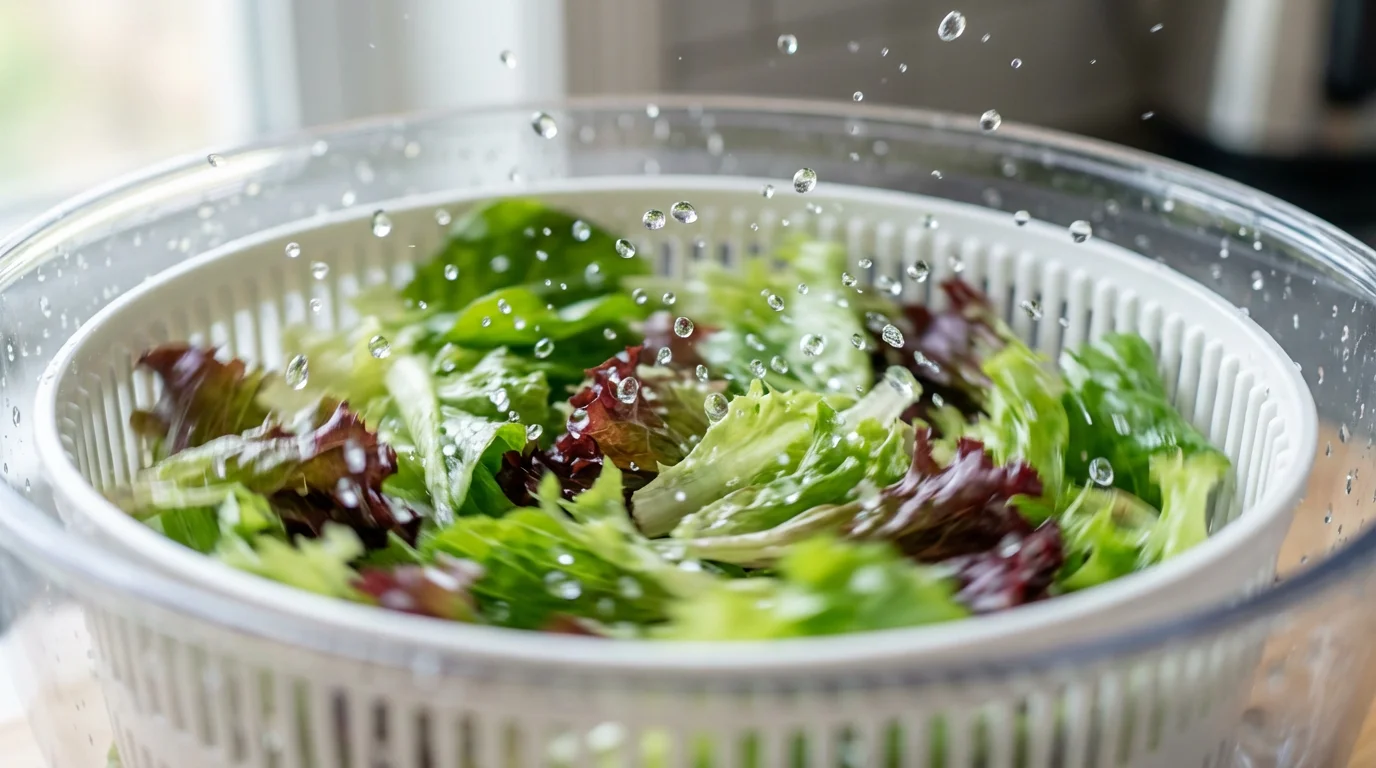 A macro photograph of wet lettuce leaves spinning inside a salad spinner, flinging water.