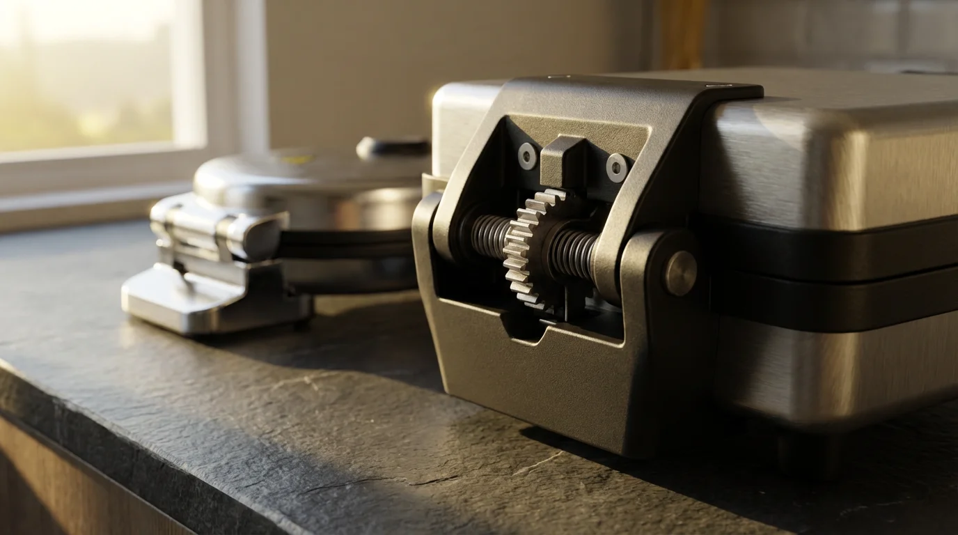 A macro shot comparing the complex hinge of a Belgian waffle maker to a classic one.