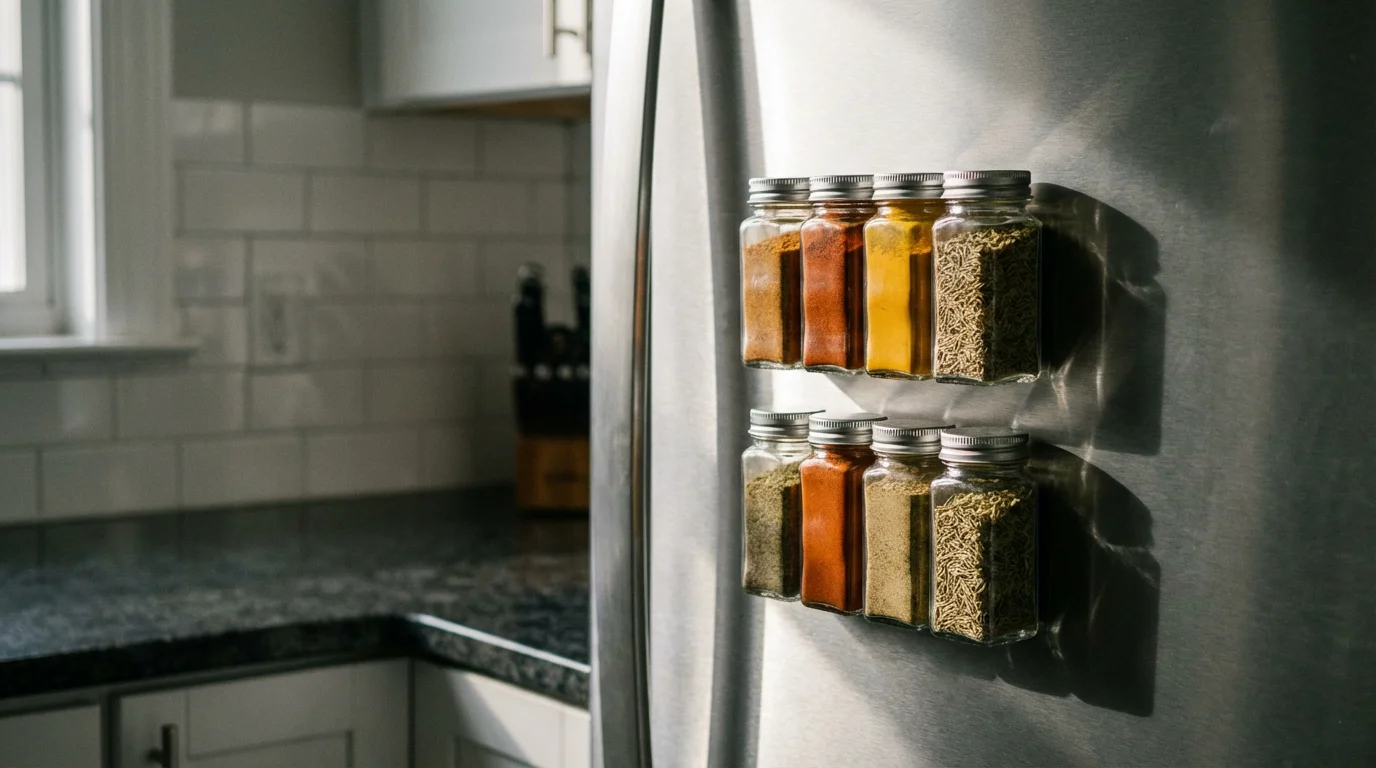 A magnetic spice rack on a refrigerator in a small kitchen with long afternoon shadows.