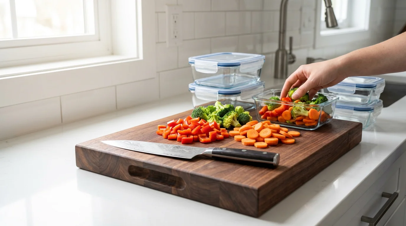 A meal prep scene with glass containers, a knife, and vegetables on a sunlit kitchen counter.