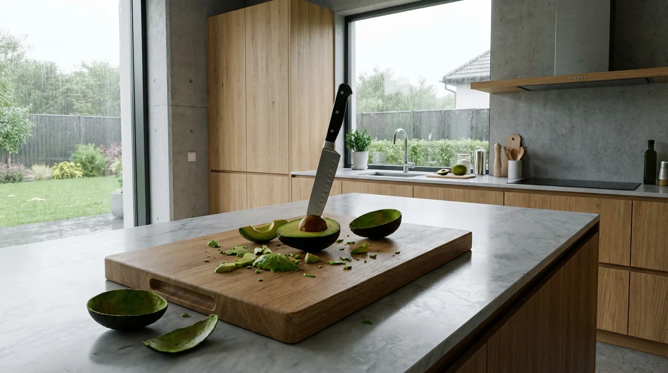 A messy kitchen counter with a knife stuck in an avocado pit.